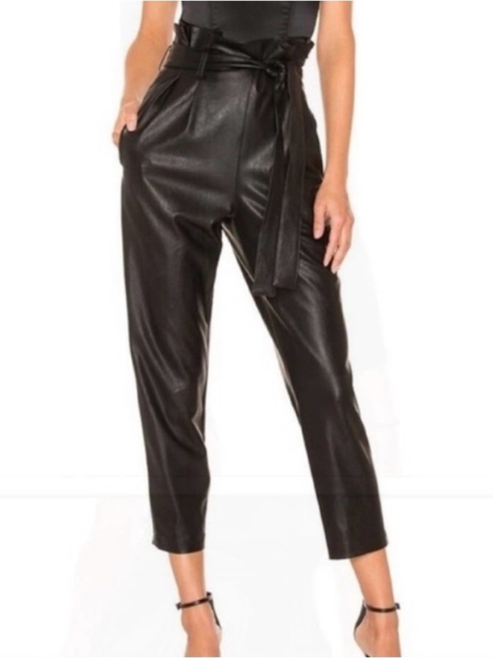 Amanda Uprichard Tessi Black Faux Leather Paperbag Waist Pants Women’s Size XS